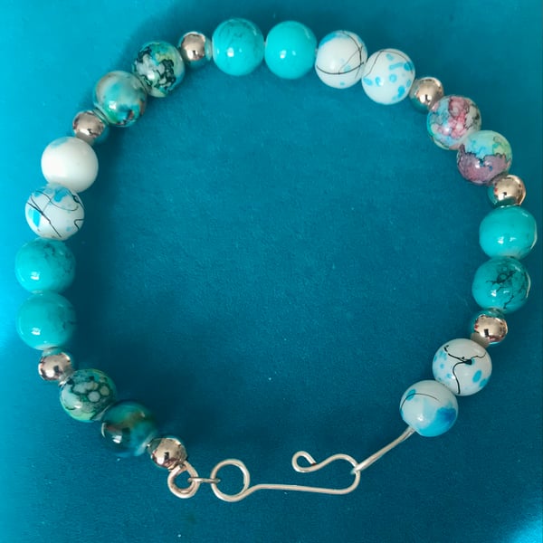 Boho Bracelet - Silver with Vibrant Turquoise Glass Beads