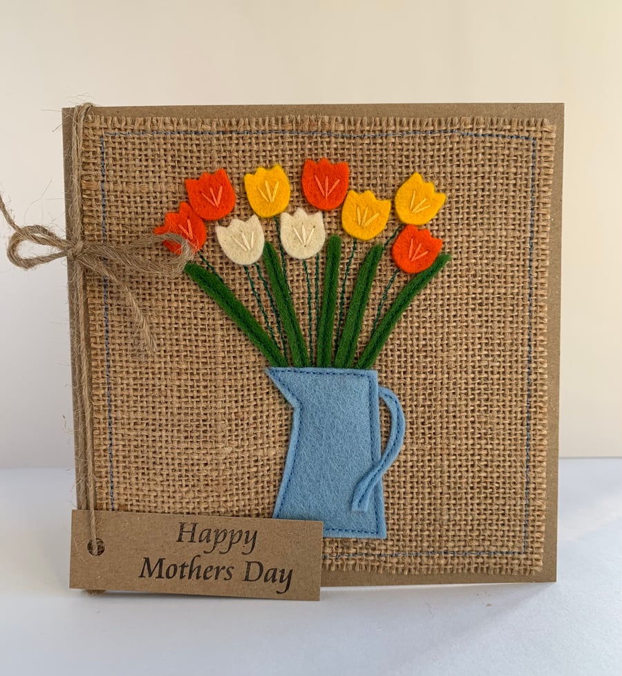 Handmade Mother’s Day Card. Yellow, orange and cream flowers from wool felt. 