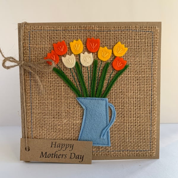 Handmade Mother’s Day Card. Yellow, orange and cream flowers from wool felt. 