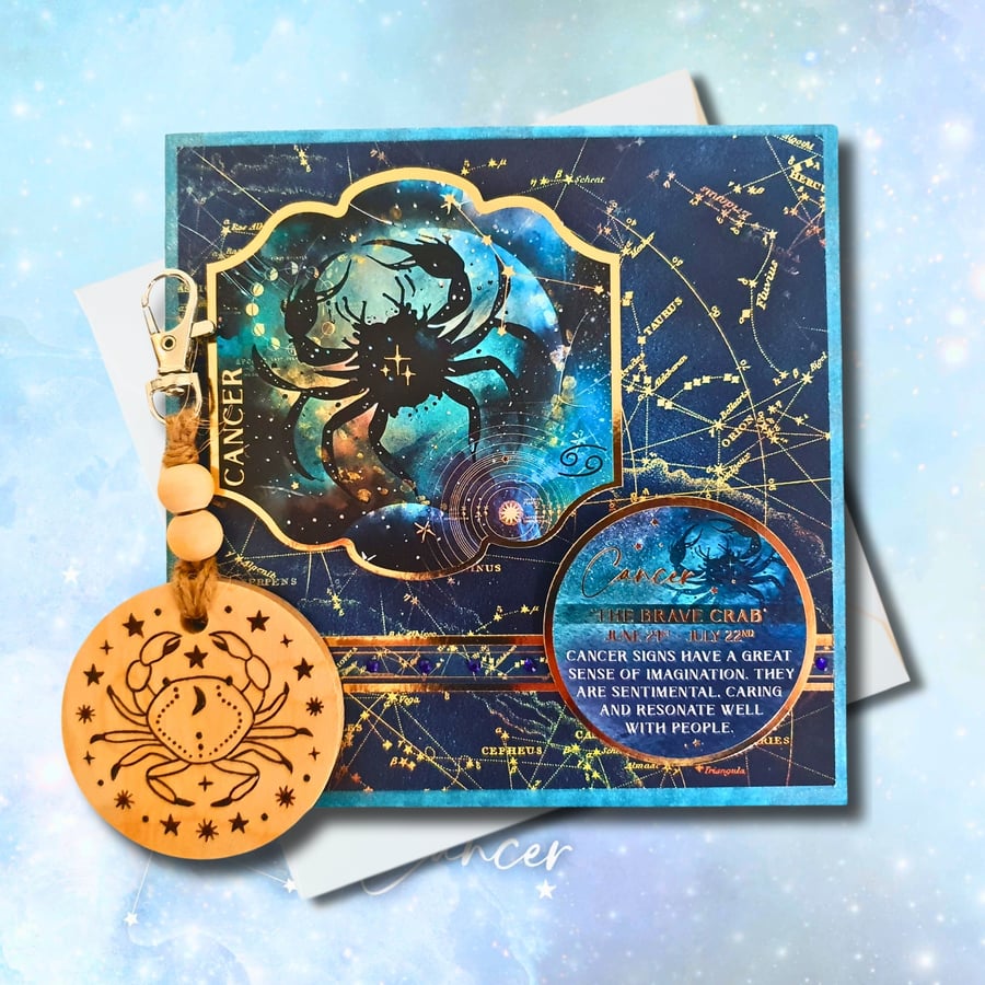 Cancer Zodiac Star Sign Card, Wooden Keyring, or as a Set, Celestial Gift