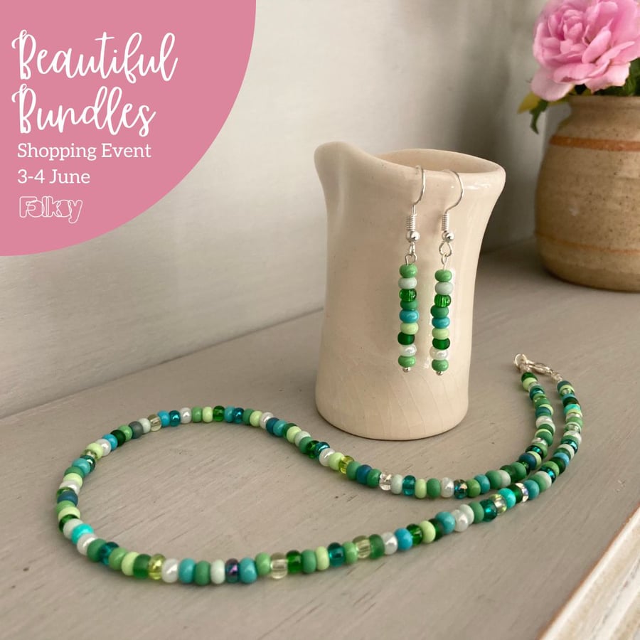 Beautiful Bundle, shades of green seed-bead necklace and earrings set