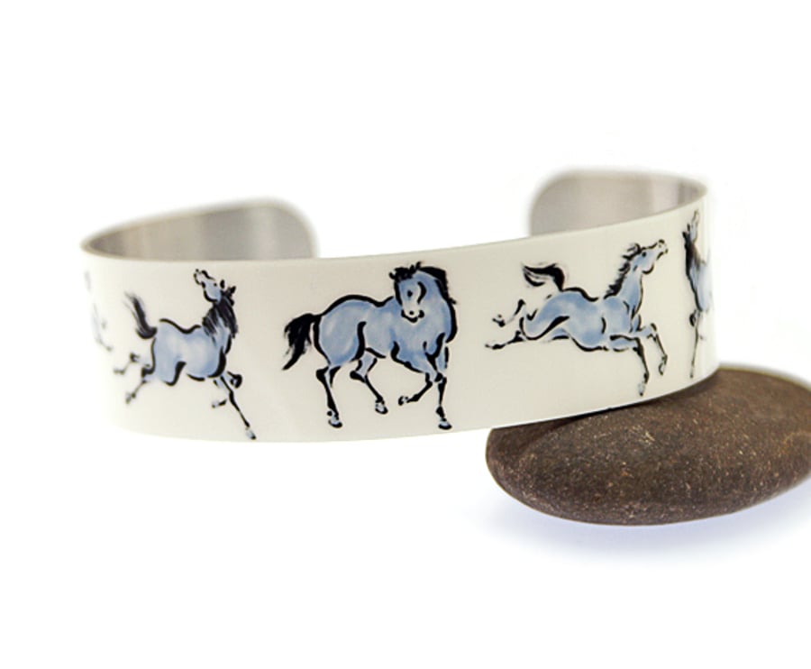 Bangle bracelet, horse lovers gift, women's jewellery cuff with horses - C30