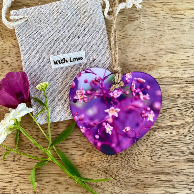 Hanging heart decoration - keepsake - letterbox gift - Purple floral print.