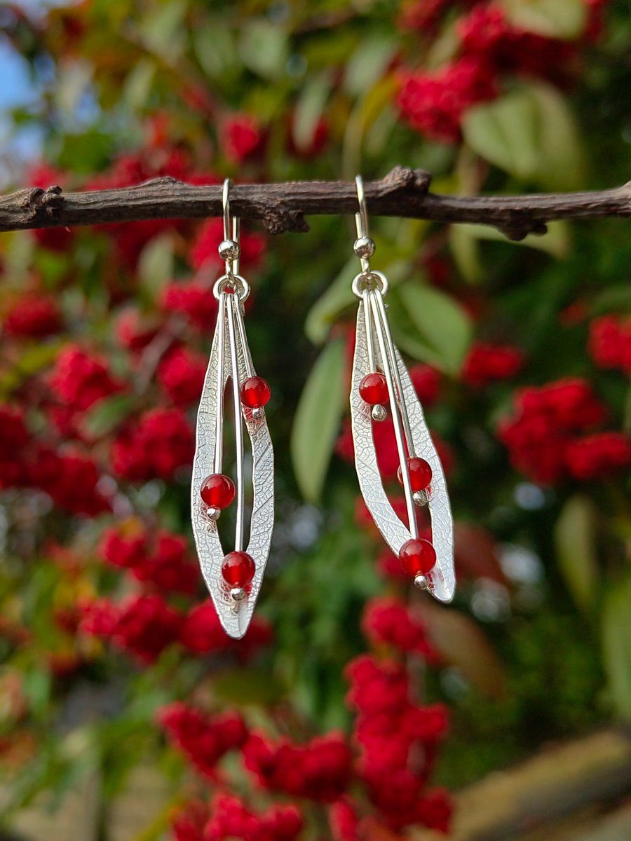Large Sterling Silver Leaf Print Earrings, with Red Agate Gemstones on Hookwires