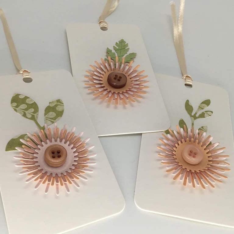 Floral gift tags - peachy pink with brown buttons
