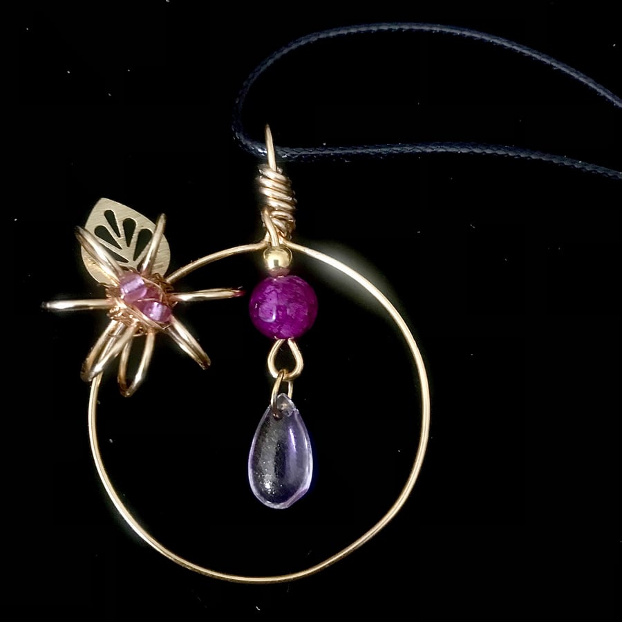 Flower Necklace in Gold Plate with Pink Glass Teardrop 16”