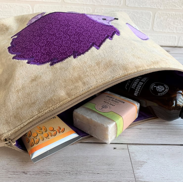Velvet toiletry bag, wash bag with purple hedge... Folksy