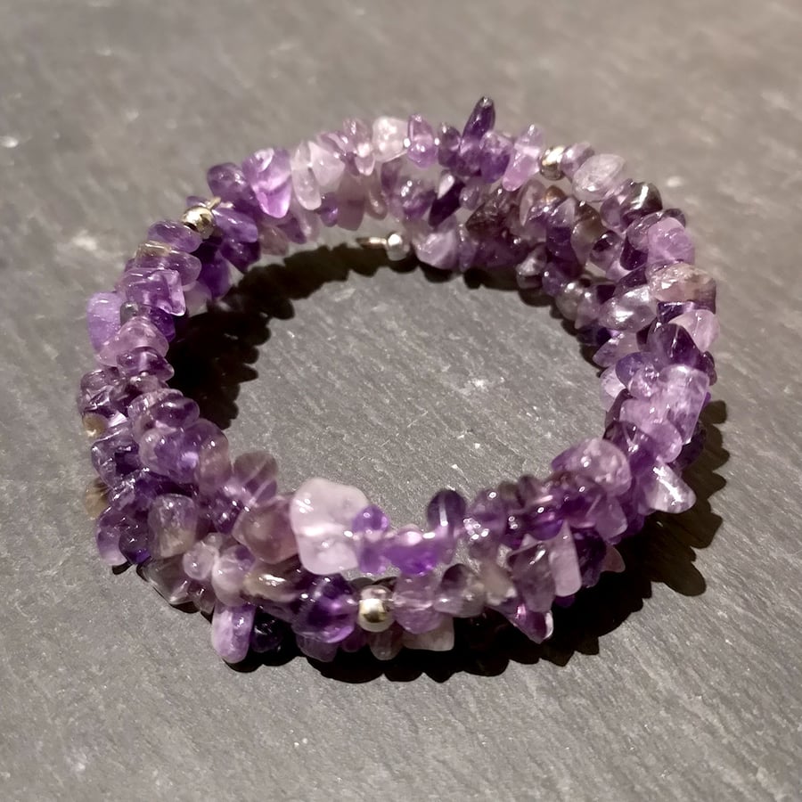 Amethyst Gemstone Adjustable Memory Wire Wrap Bracelet (Made to Order)