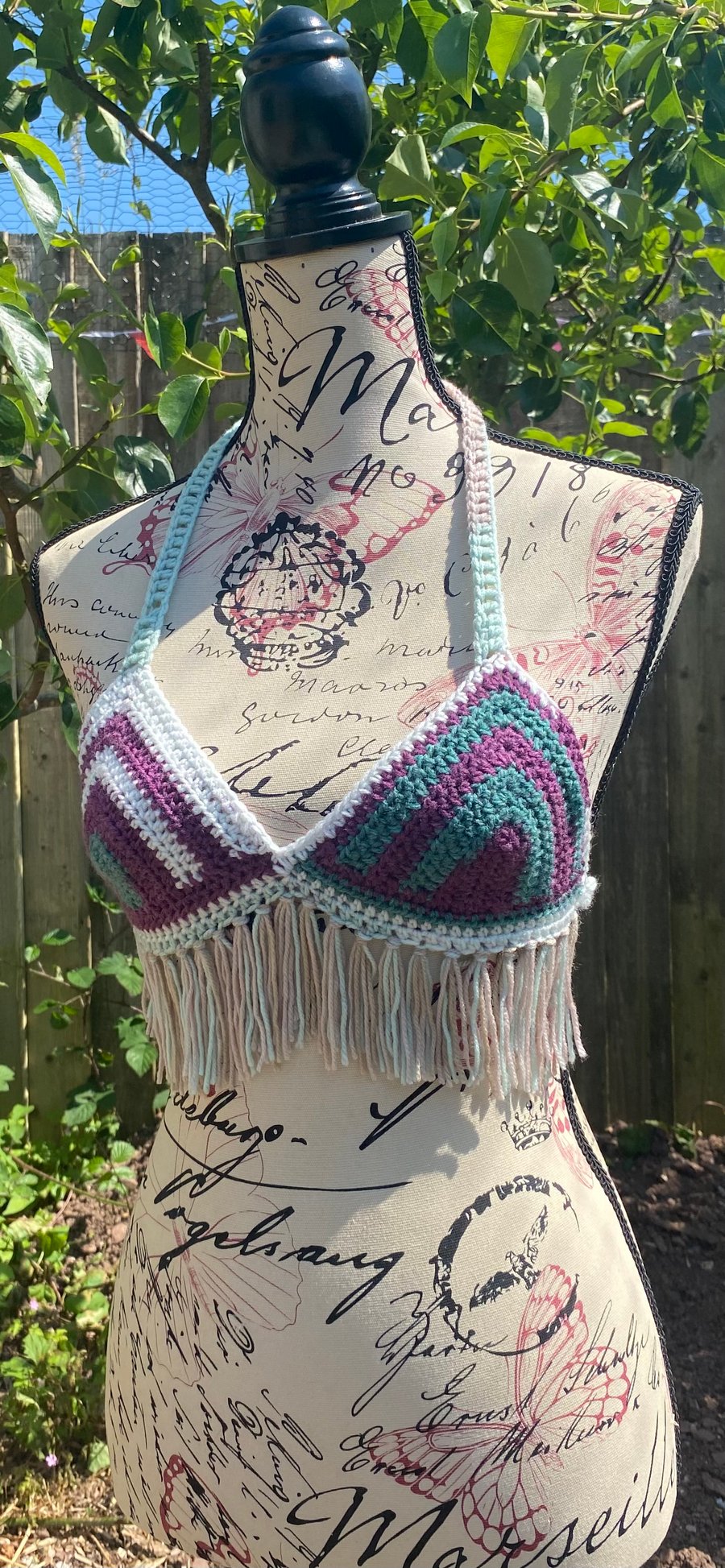 Crochet Bikini Top Halterneck Bralette with Fringe size Small