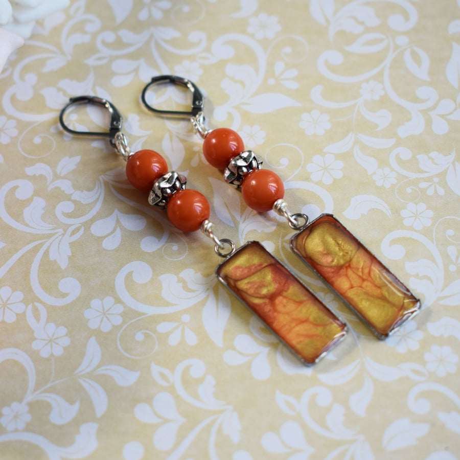 Earthy Orange Pendant Earrings with Czech Glass Beads