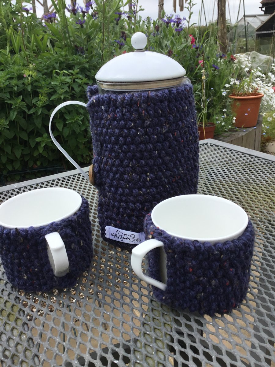 Cafetiere cosy and 2 mug hugs - chunky navy