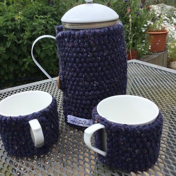Cafetiere cosy and 2 mug hugs - chunky navy