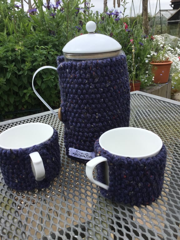Cafetiere cosy and 2 mug hugs - chunky navy