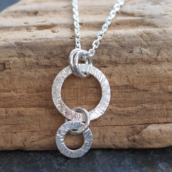 Silver Ring Necklace Pendant, Hammered Silver with Shimmer Texture