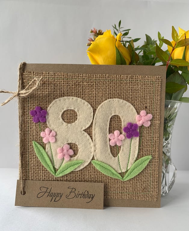 80th Handmade Birthday Card from felt. Keepsake Card. Textile card.