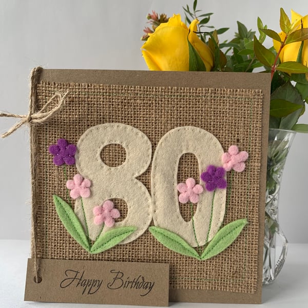 80th Handmade Birthday Card from felt. Keepsake Card. Textile card.