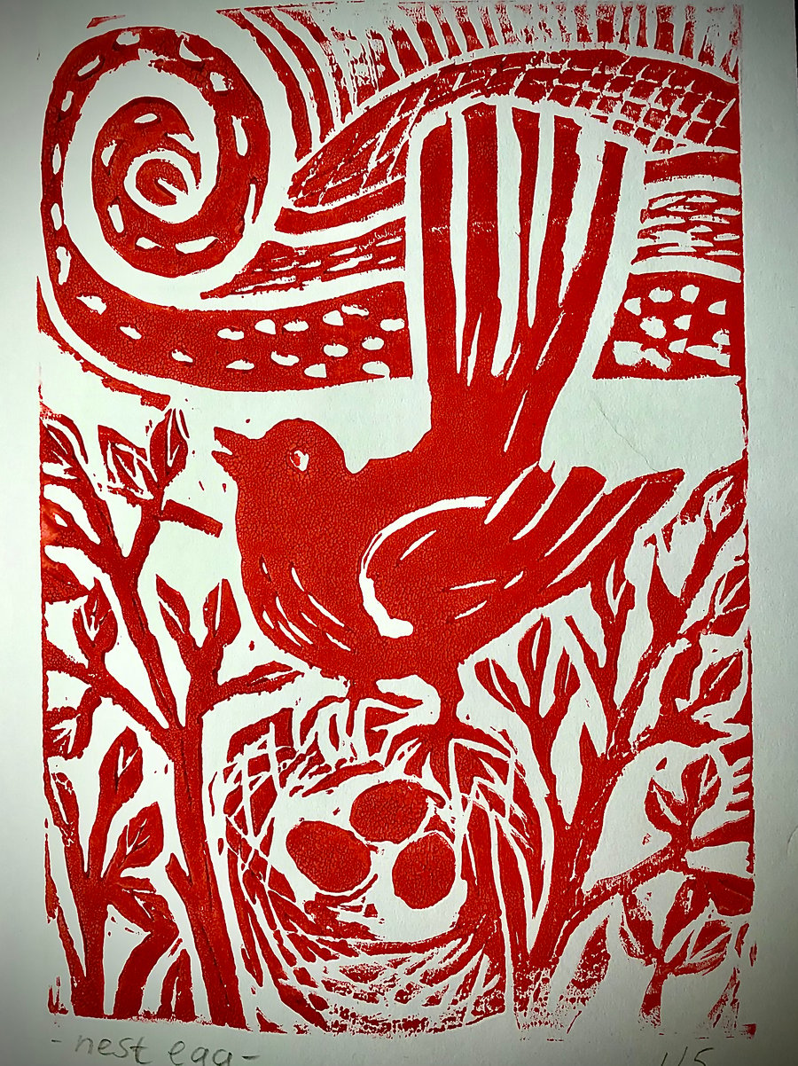 Nest Egg. Red Linoprint card.