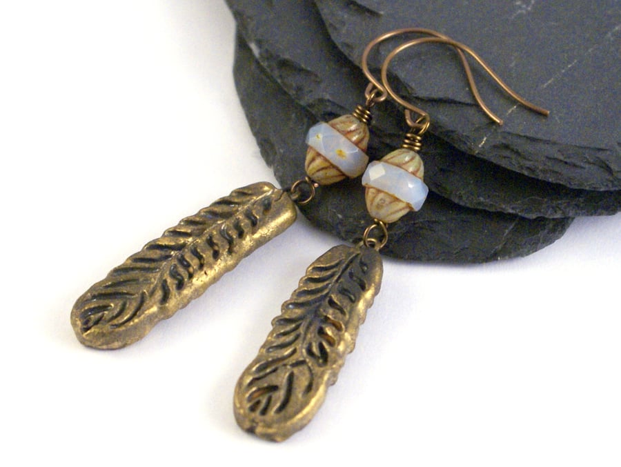 Feathers - Rustic Purple Czech Glass Earrings with Bronze Stoneware Charms