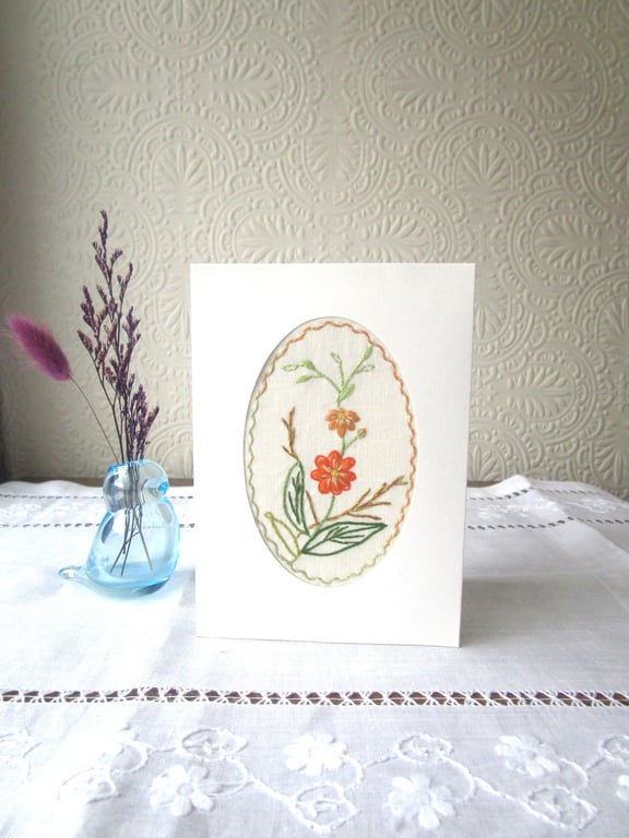 Hand-Embroidered Card – Vintage Style Orange Flower