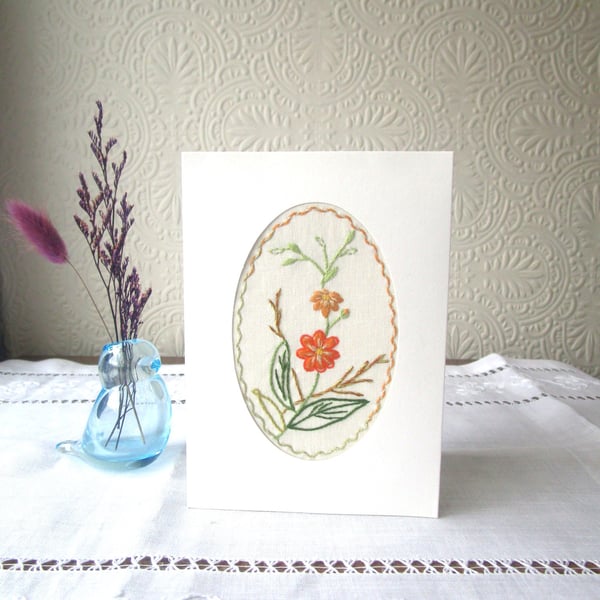 Hand-Embroidered Card – Vintage Style Orange Flower