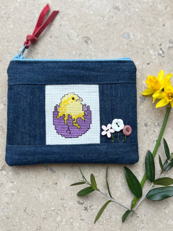 Easter chick cross stitch coin purse zip pouch with reclaimed denim