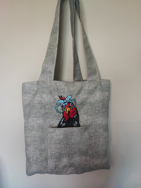 Tote Bag, pale bluey green with chicken, rooster embroidery