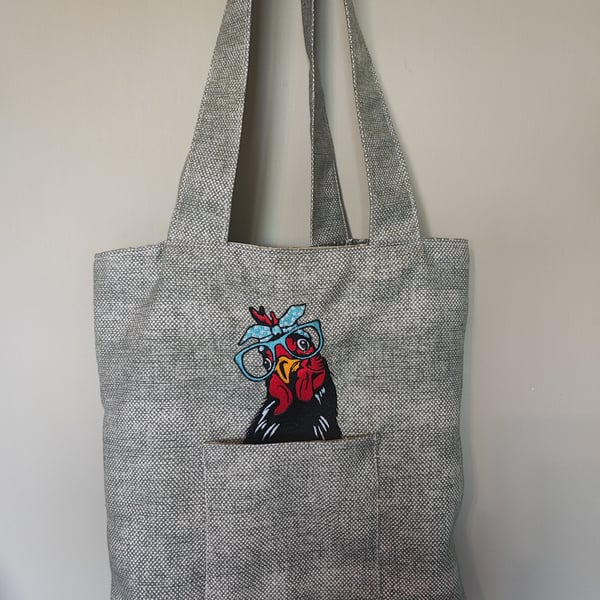 Tote Bag, pale bluey green with chicken, rooster embroidery