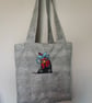 Tote Bag, pale bluey green with chicken, rooster embroidery