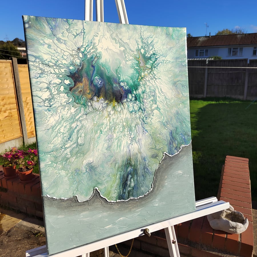 Green Acrylic Pour Painting Abstract Art on Canvas 40,5x51cm Original Art