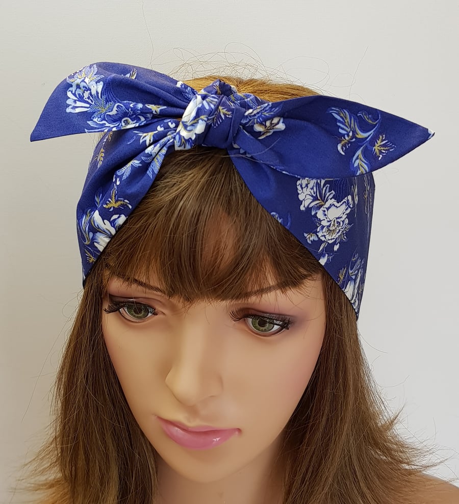 Blue floral head scarf self tie 100% cotton hair scarf rockabilly headband 