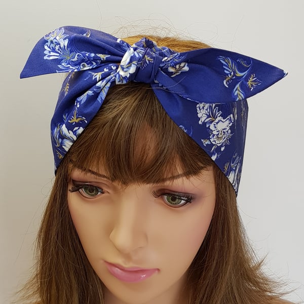Blue floral head scarf self tie 100% cotton hair scarf rockabilly headband 