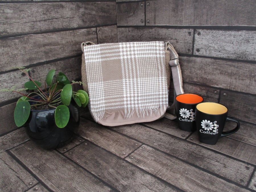 Upcycled Coffee Sack -  Crossbody Shoulder Bag - Beige and Cream Check