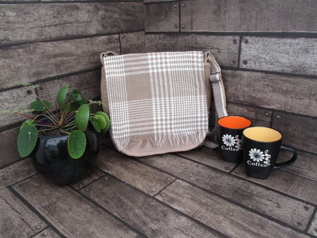 Upcycled Coffee Sack -  Crossbody Shoulder Bag - Beige and Cream Check