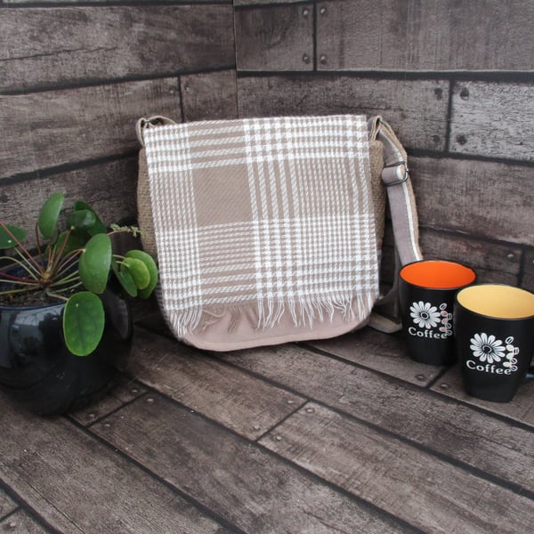 Upcycled Coffee Sack -  Crossbody Shoulder Bag - Beige and Cream Check