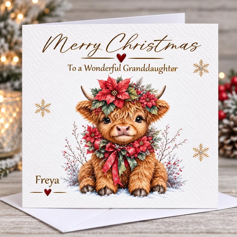 Personalised  Highland Cow Christmas Card – Custom Name & Relation