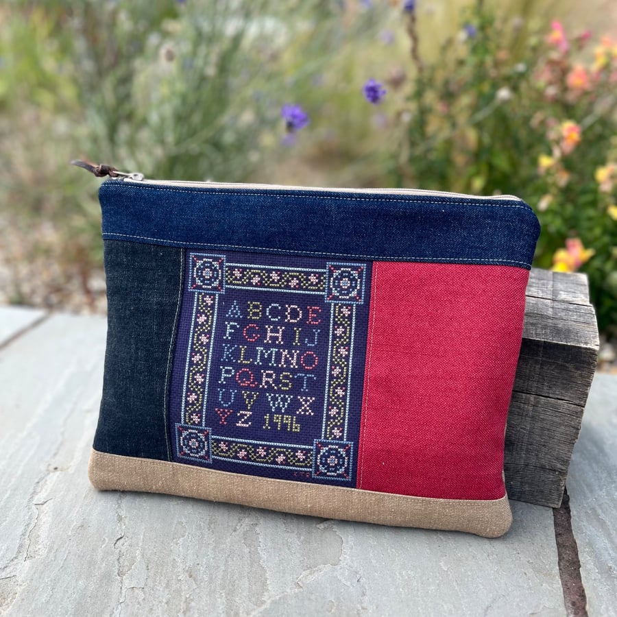 Repurposed needlepoint sampler large soft zip pouch