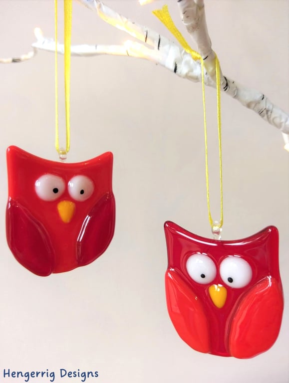 Red Fused Glass Owls