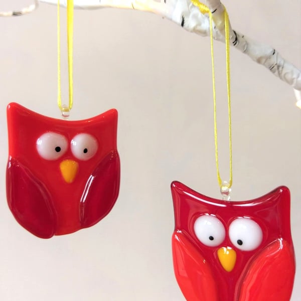 Red Fused Glass Owls