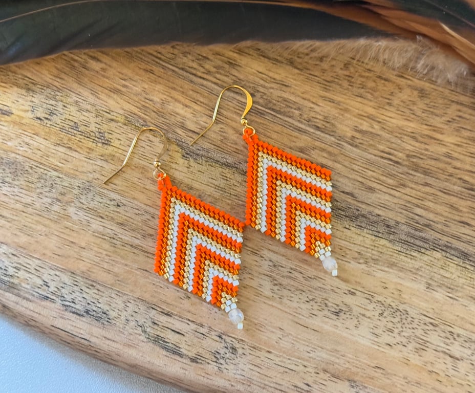 Orange and cream beadwoven earrings with a Czech glass drop