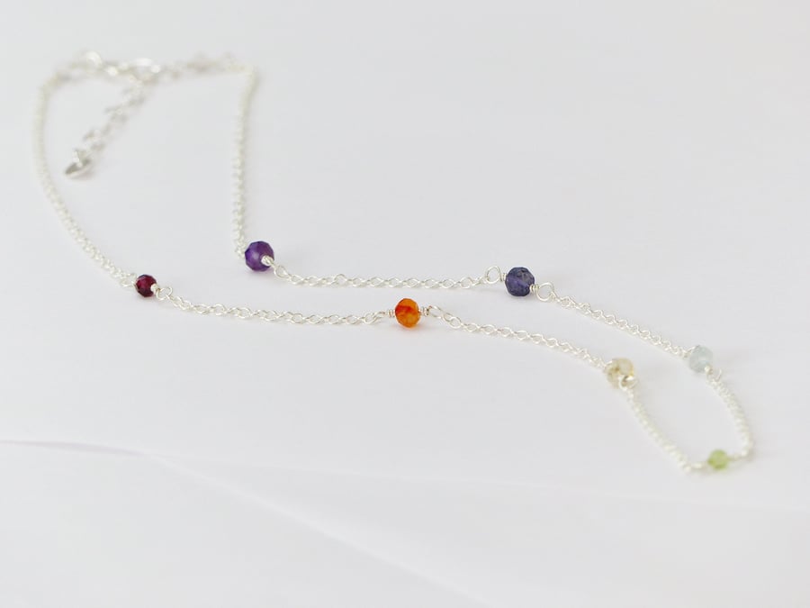 Dainty rainbow gemstone necklace, sterling silver, gift for her