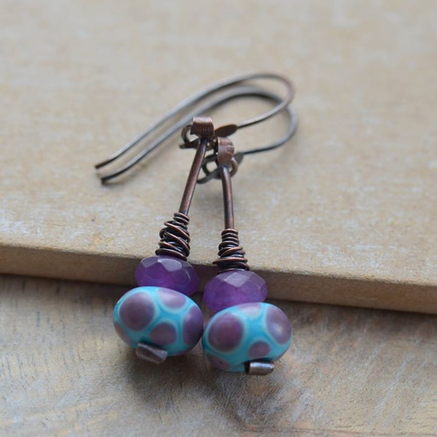 Handmade Copper Earrings with Purple and Turquoise Lampwork & Amethyst Beads