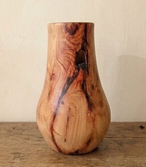 Hand Turned Yew Wood Vase – Natural Edge Features – Unique Handmade Wooden Vase