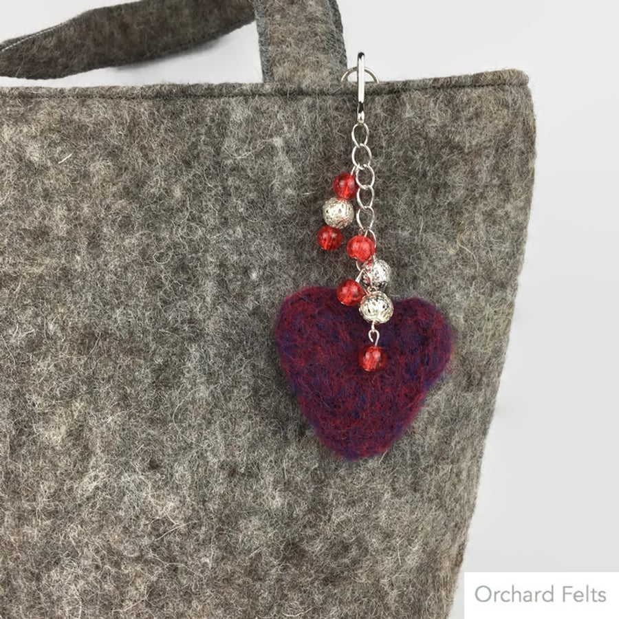 Purple needle felted heart bag charm with red and silver beads, valentines gift