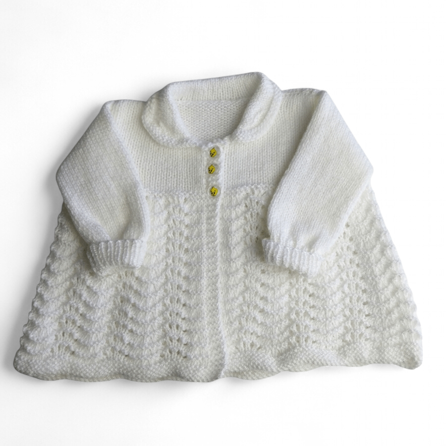 White 0-3 Months Baby Cardigan, Hand Knitted Folksy