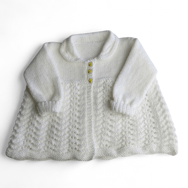 White 0-3 Months Baby Cardigan, Hand Knitted Vintage Design, Christening Outfit