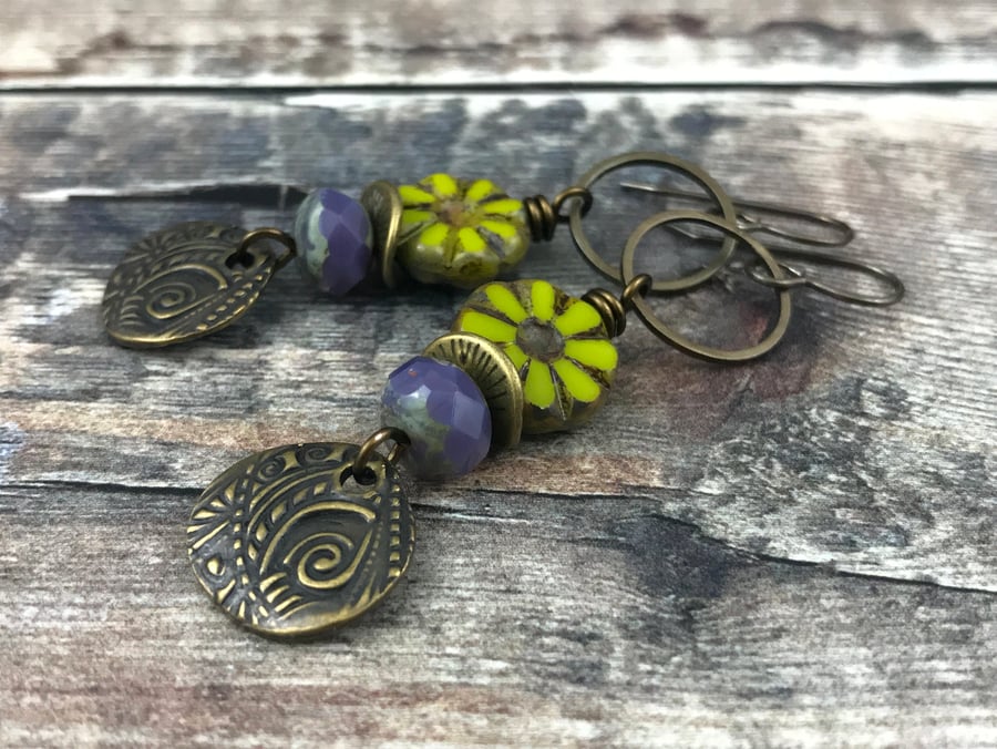 Bohemian Style Purple & Chartreuse Czech Glass Earrings. Brass Charm Earrings