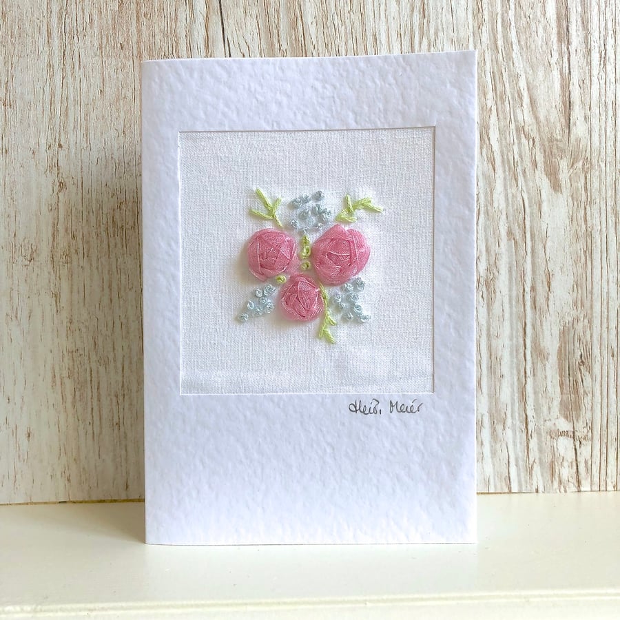Birthday card - ribbon embroidery roses textile flower floral card