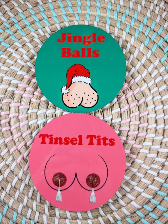 Set of 2 Christmas Coasters Adult Humour 'Jingle Balls' 'Tinsel Tits'