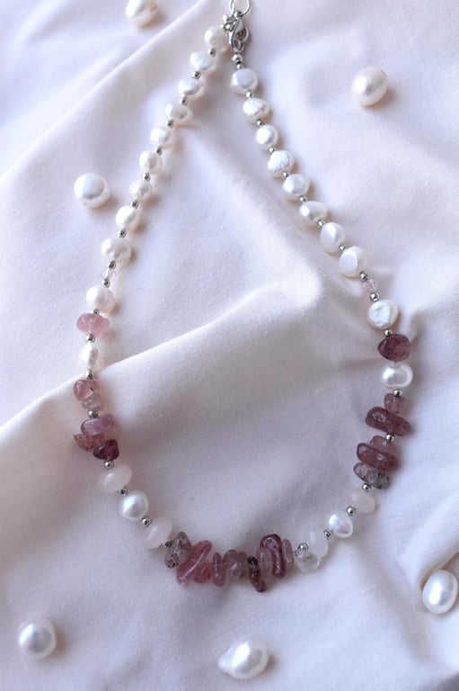 White Freshwater Pearl & Pink Strawberry Quartz Necklace