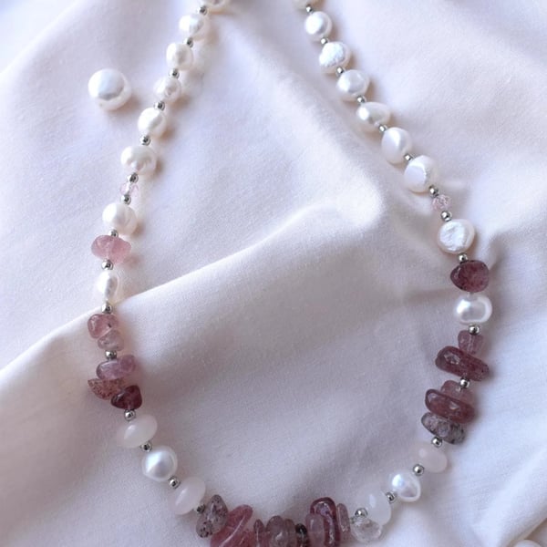 White Freshwater Pearl & Pink Strawberry Quartz Necklace